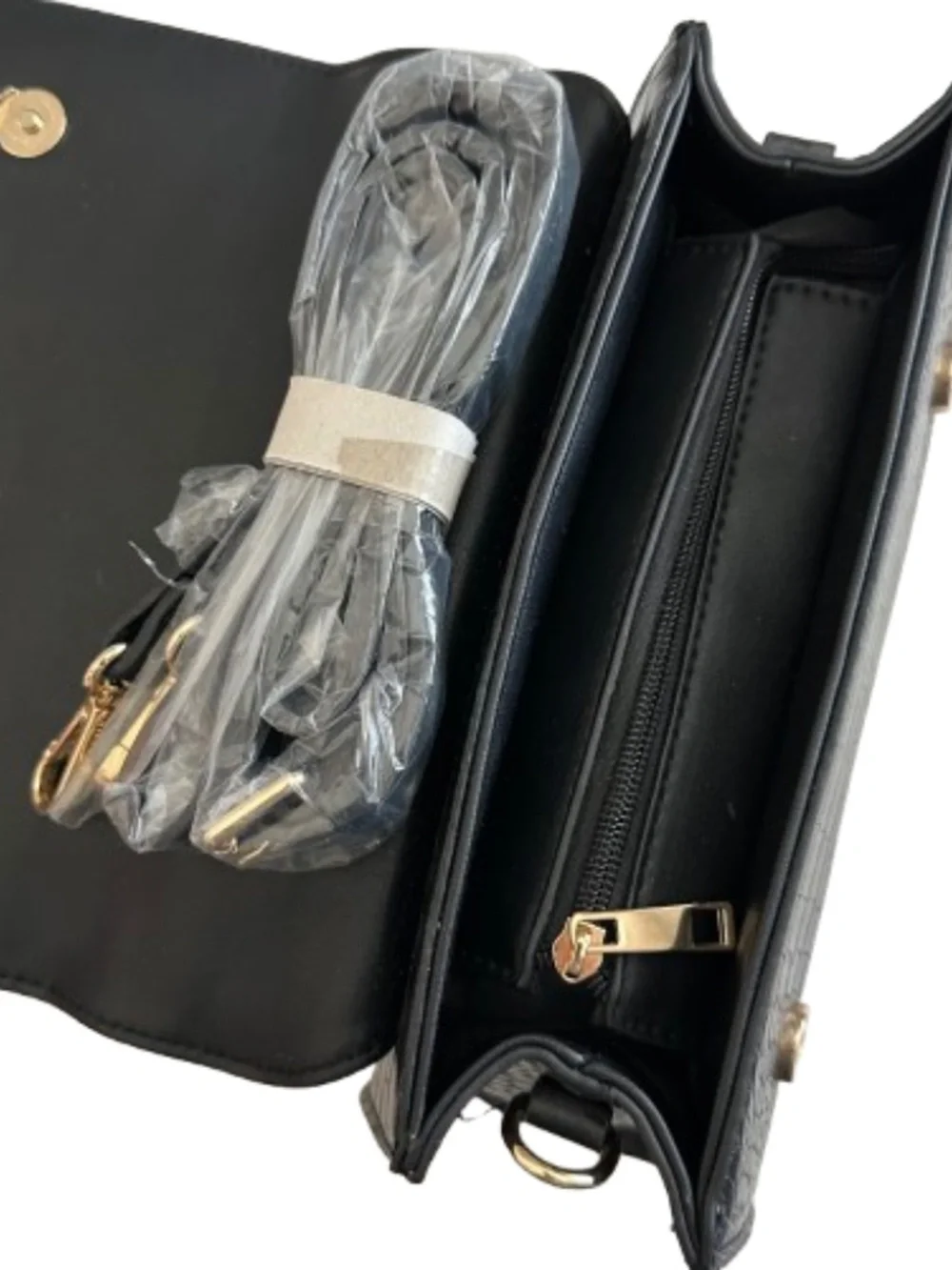 like dreams Small Black Croc-Embossed Top Handle Satchel with Gold Ring & Strap